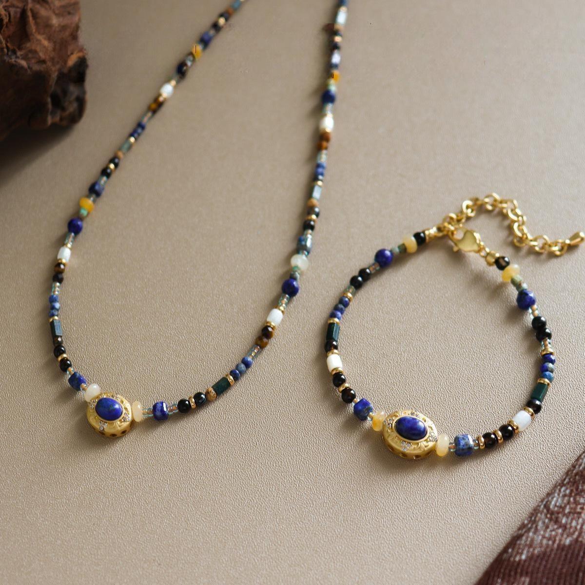 Natural Stone Lapis Lazuli Beaded Necklace Boho Minimalist Luxury Niche Clavicle Chain