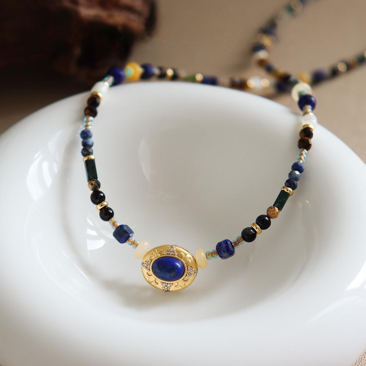 Natural Stone Lapis Lazuli Beaded Necklace Boho Minimalist Luxury Niche Clavicle Chain