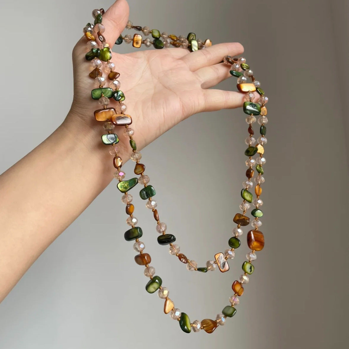 Vintage Bohemian Shell and Glass Long Necklace