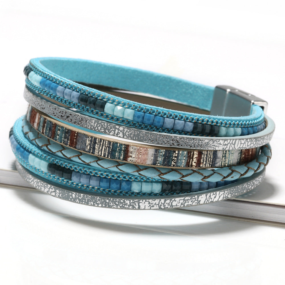 Bohemian multi-layer PU leather alloy magnetic clasp bracelet