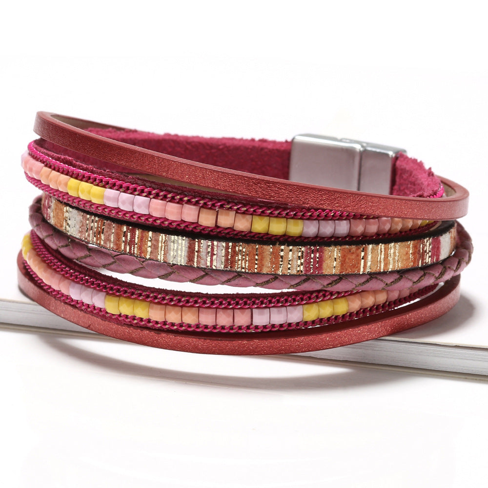 Bohemian multi-layer PU leather alloy magnetic clasp bracelet