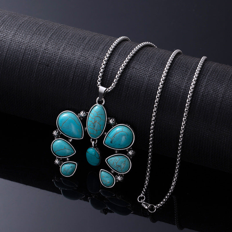 Bohemian Ethnic Style Turquoise Alloy Necklace for Women | 60cm Perimeter Vintage Cross Pendant Chain
