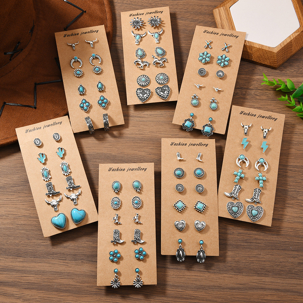 Bohemian Turquoise Alloy Stud Earrings Set