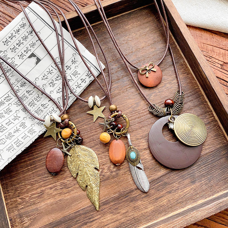 Bohemian Layered Necklace Set - 75cm Nylon Rope + Wood + Alloy Pendant Boho Jewelry