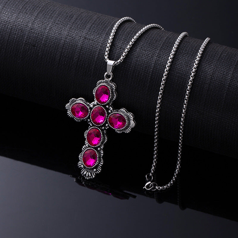 Bohemian Ethnic Style Turquoise Alloy Necklace for Women | 60cm Perimeter Vintage Cross Pendant Chain