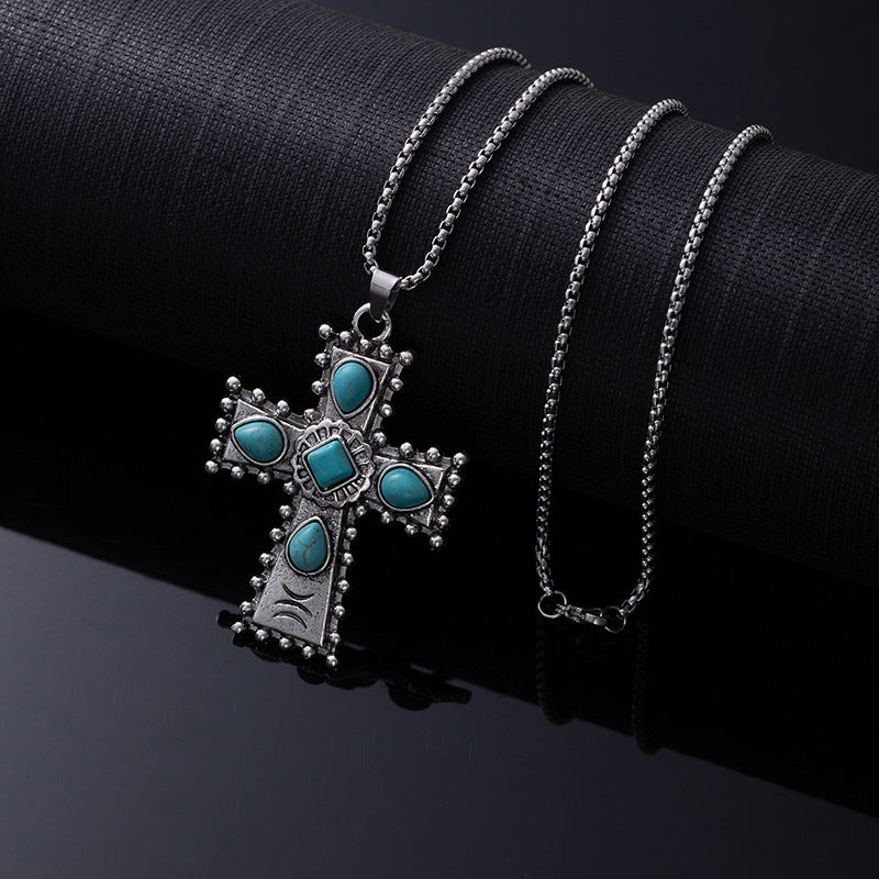 Bohemian Ethnic Style Turquoise Alloy Necklace for Women | 60cm Perimeter Vintage Cross Pendant Chain