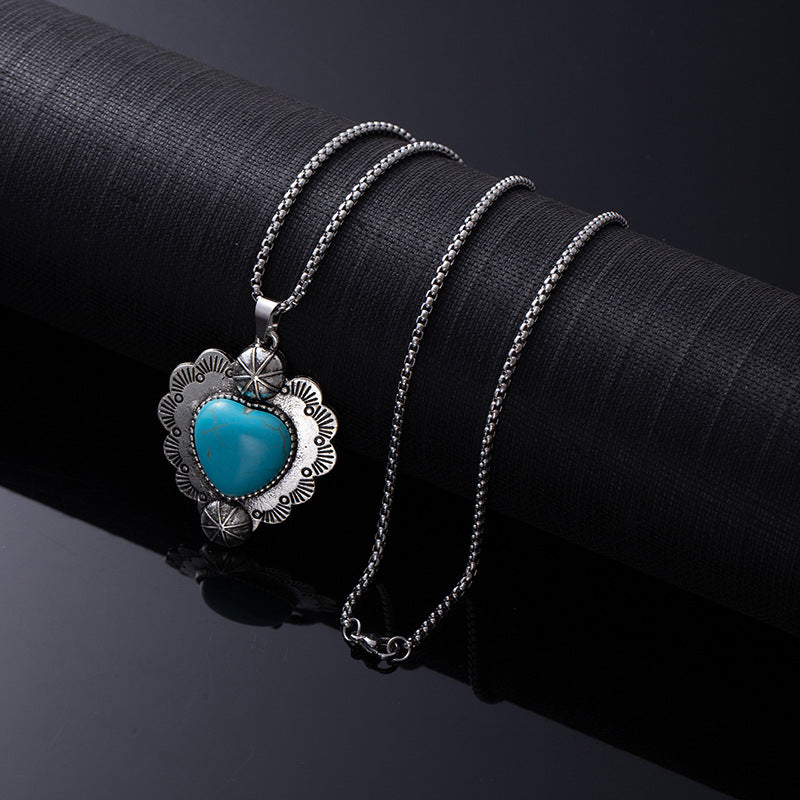 Bohemian Ethnic Style Turquoise Alloy Necklace for Women | 60cm Perimeter Vintage Cross Pendant Chain