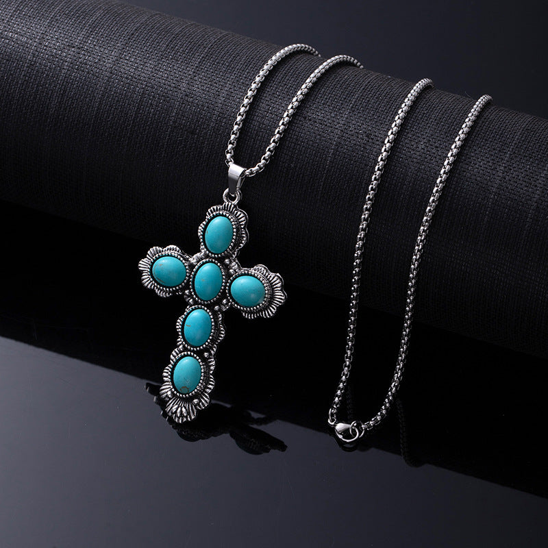 Bohemian Ethnic Style Turquoise Alloy Necklace for Women | 60cm Perimeter Vintage Cross Pendant Chain