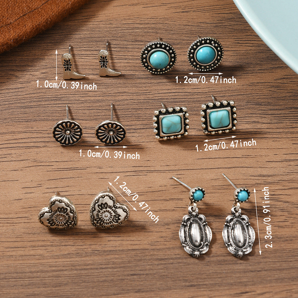 Bohemian Turquoise Alloy Stud Earrings Set