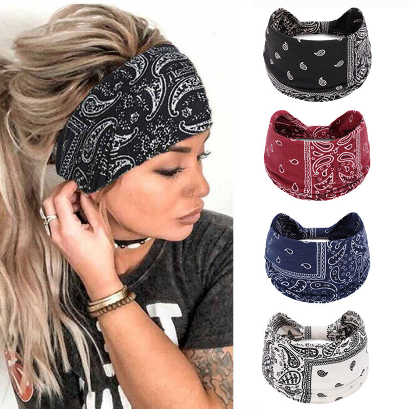 Bohemian Women's Wide Cotton Elastic Headband - Sweat - Wicking Athletic Hair Band, Sweat - Absorbing Cotton Headwrap for Sports