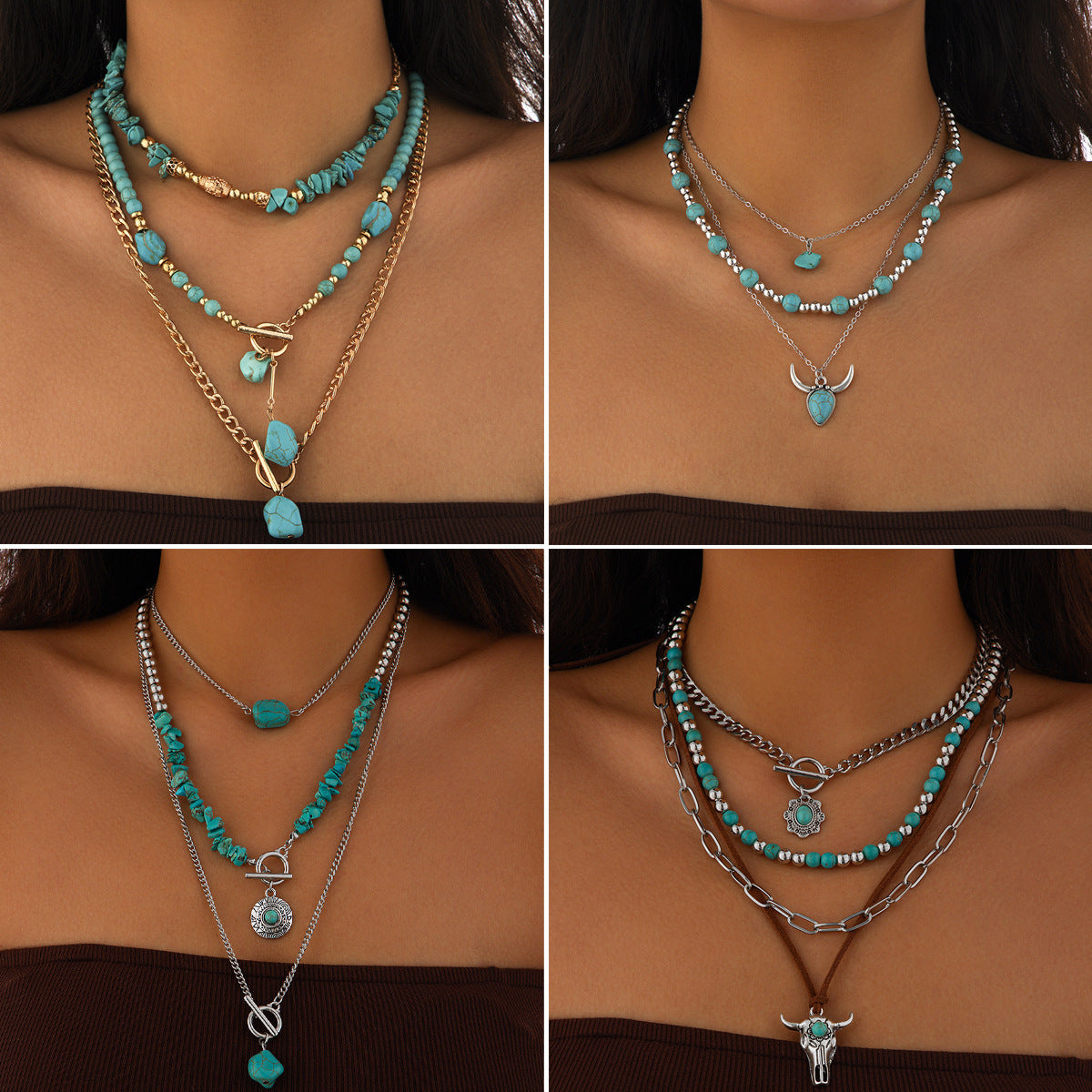 etro beaded geometric turquoise collarbone chain, casual multi-layer bohemian necklace