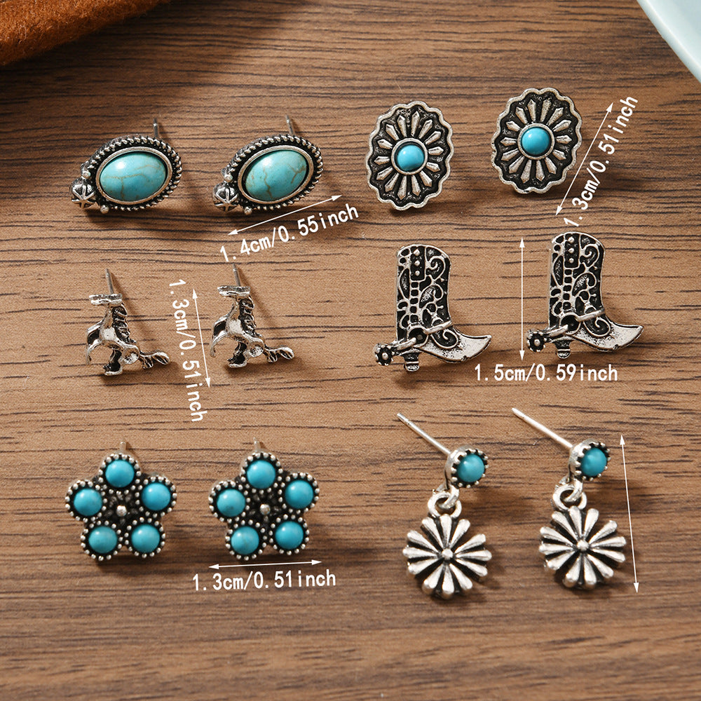 Bohemian Turquoise Alloy Stud Earrings Set