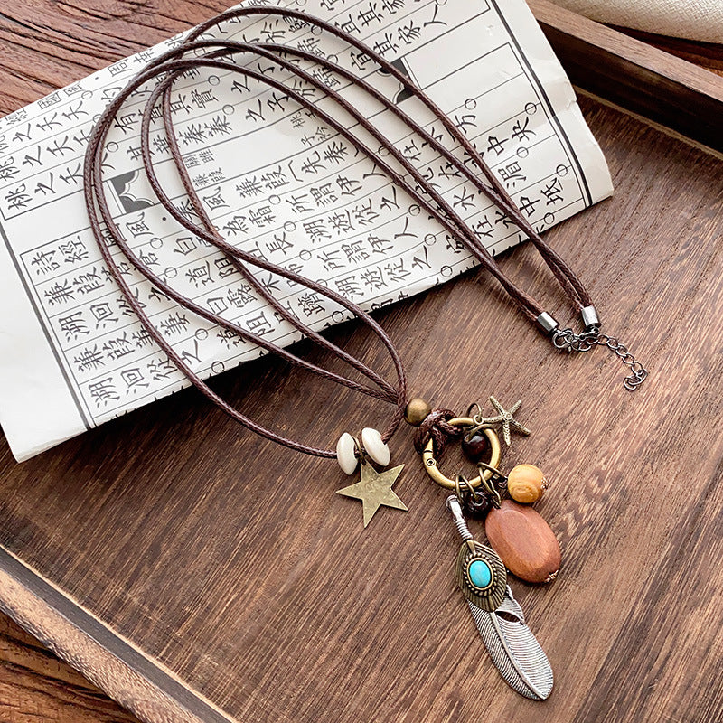 Bohemian Layered Necklace Set - 75cm Nylon Rope + Wood + Alloy Pendant Boho Jewelry