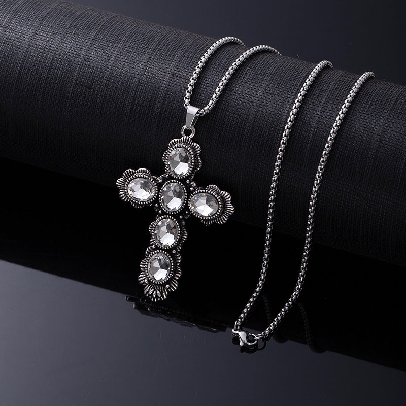 Bohemian Ethnic Style Turquoise Alloy Necklace for Women | 60cm Perimeter Vintage Cross Pendant Chain