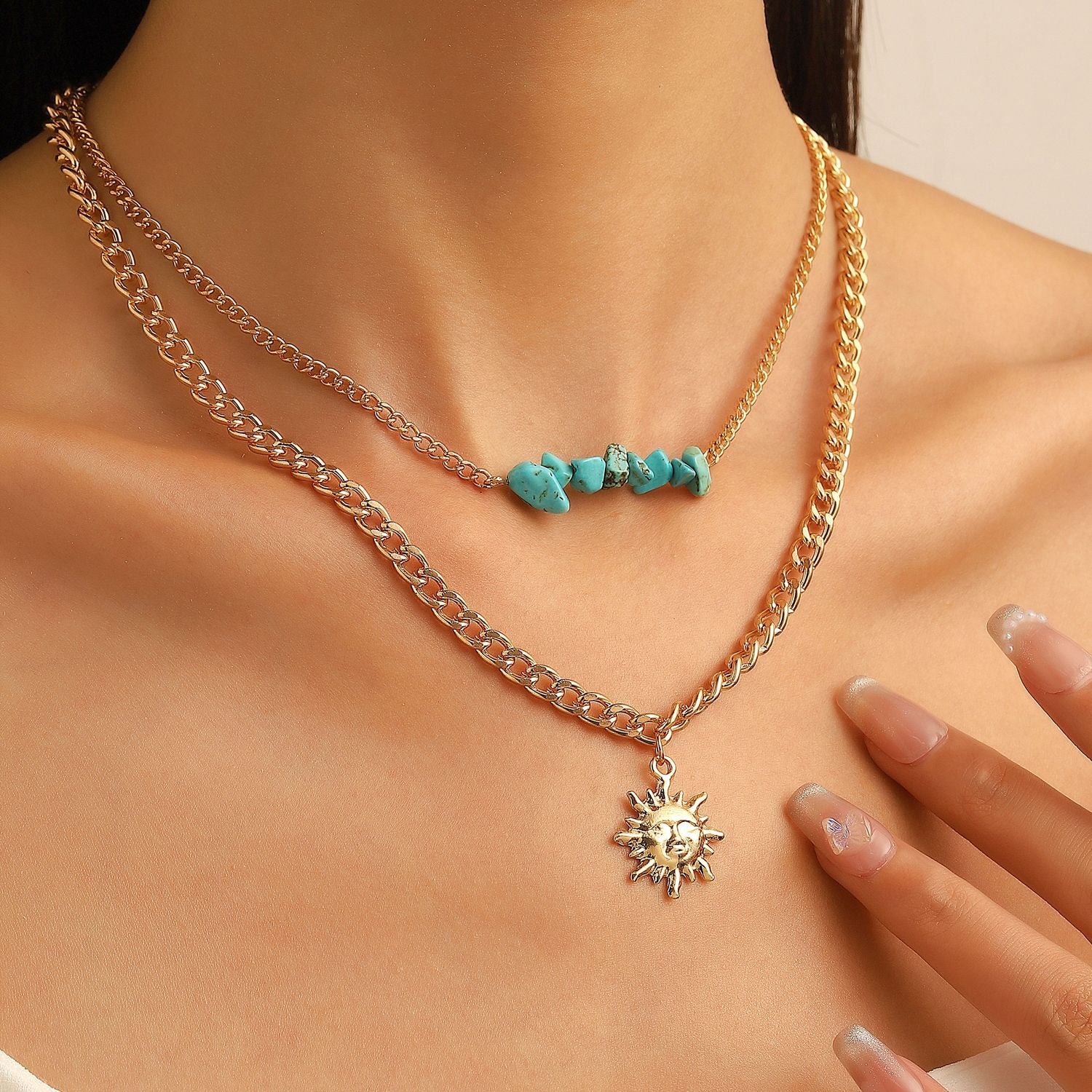 Bohemian Turquoise Crackle Stone Necklaces with Pendants for Women