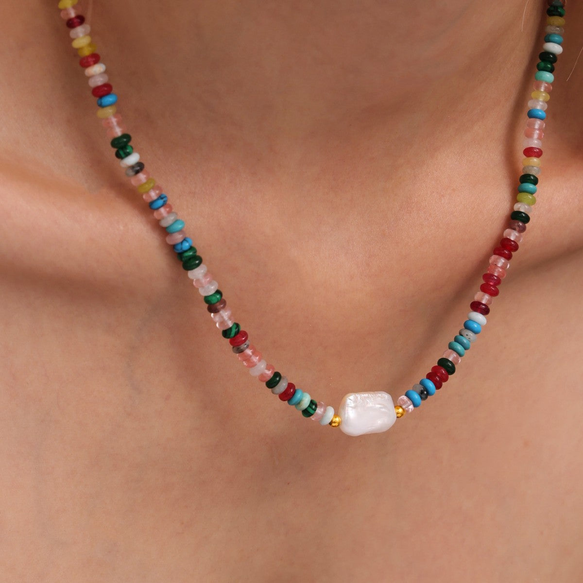 Colorful Natural Stone Pearl Stainless Steel Beaded Necklace