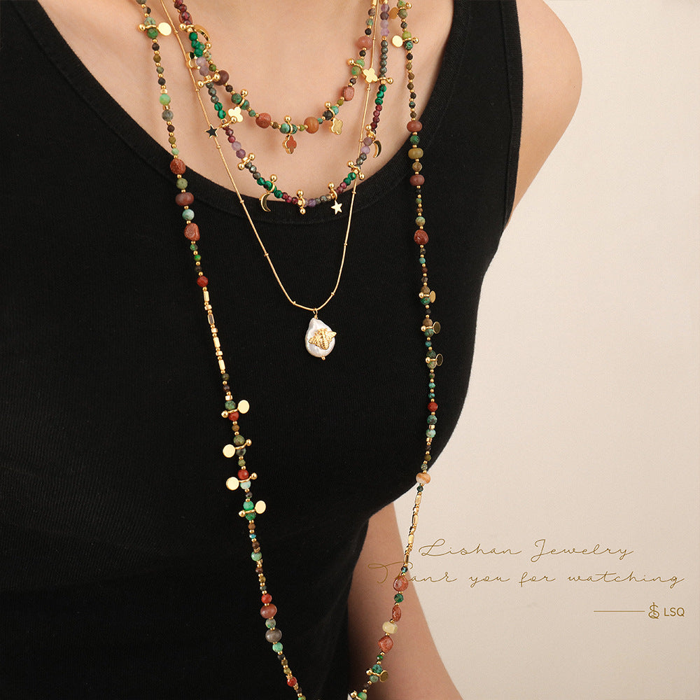 Natural Stone Layered Boho Long Necklace - Luxury Niche Piece
