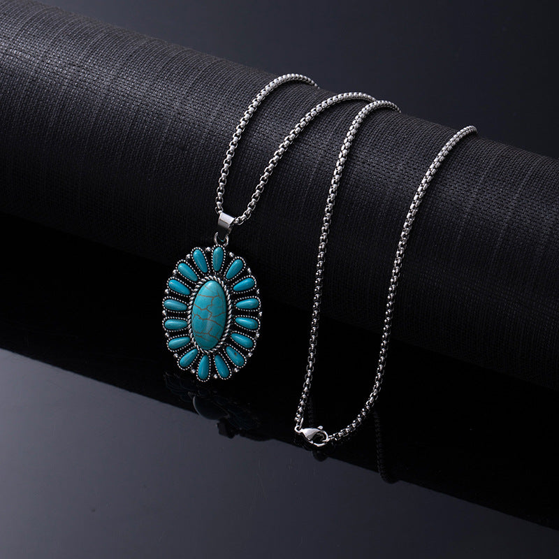 Bohemian Ethnic Style Turquoise Alloy Necklace for Women | 60cm Perimeter Vintage Cross Pendant Chain