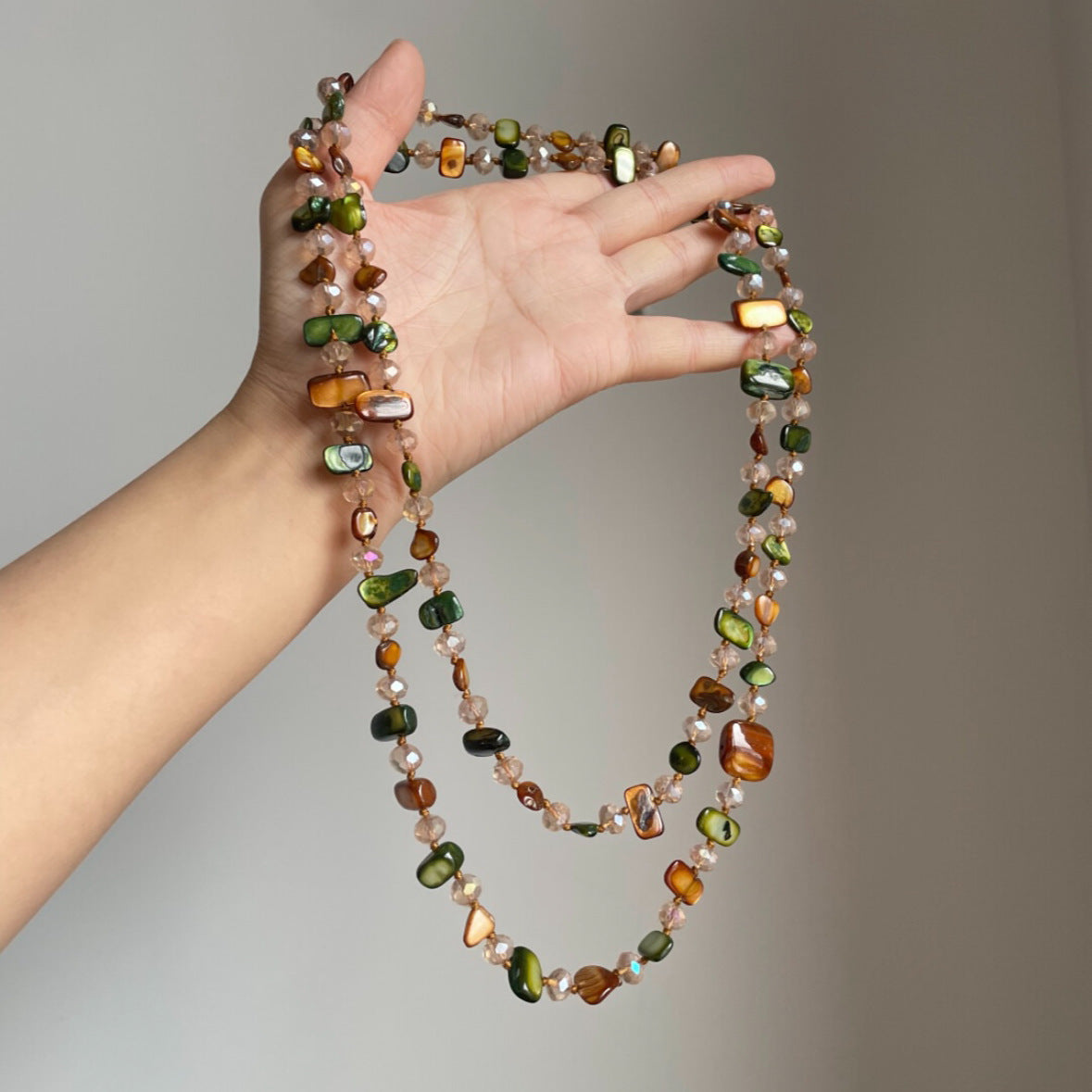 Vintage Bohemian Shell and Glass Long Necklace