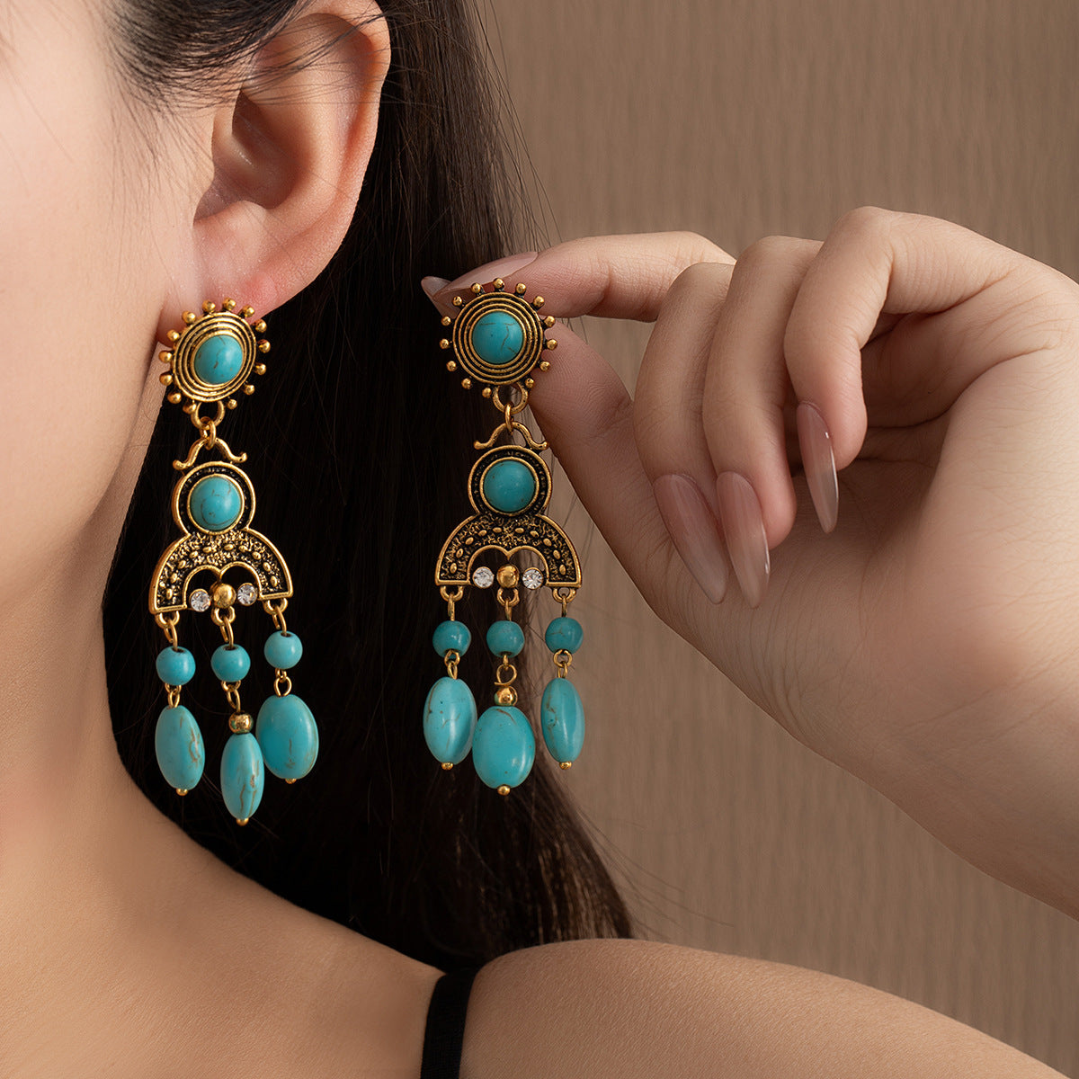 Bohemian Ethnic Style Turquoise Drop Earrings | Alloy and Rhinestone Vintage Long Drop Earrings