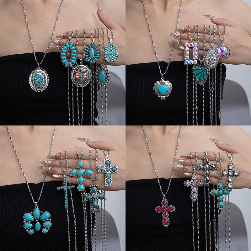 Bohemian Ethnic Style Turquoise Alloy Necklace for Women | 60cm Perimeter Vintage Cross Pendant Chain