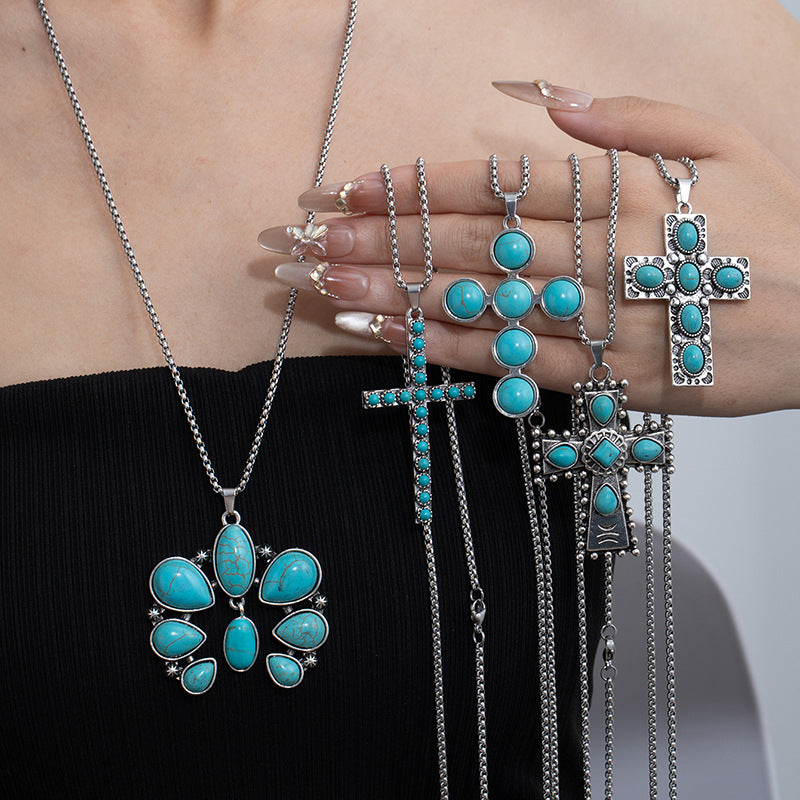 Bohemian Ethnic Style Turquoise Alloy Necklace for Women | 60cm Perimeter Vintage Cross Pendant Chain