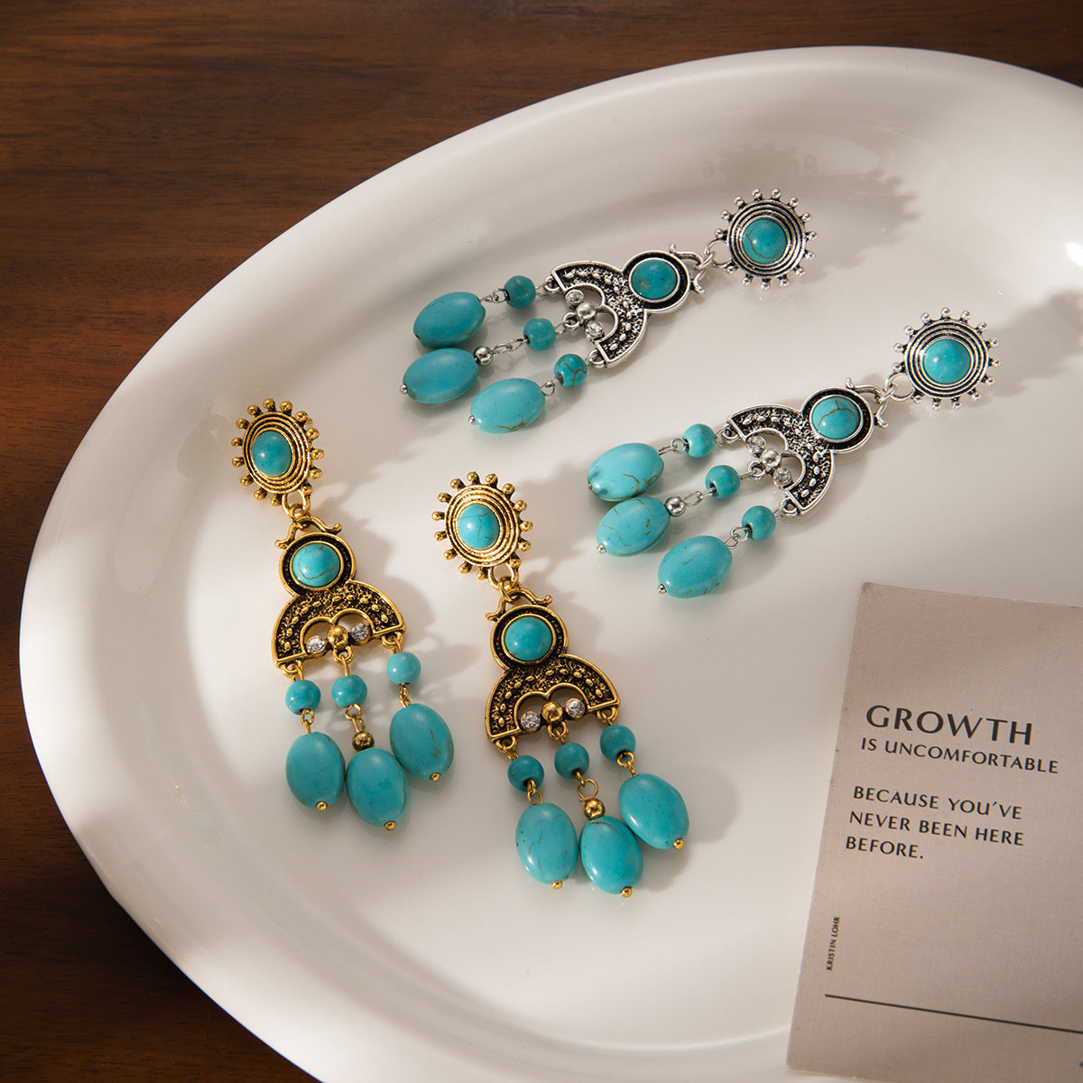 Bohemian Ethnic Style Turquoise Drop Earrings | Alloy and Rhinestone Vintage Long Drop Earrings