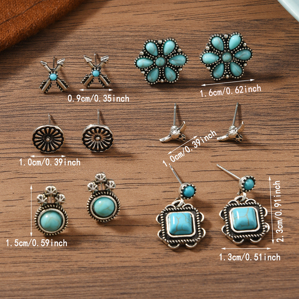Bohemian Turquoise Alloy Stud Earrings Set