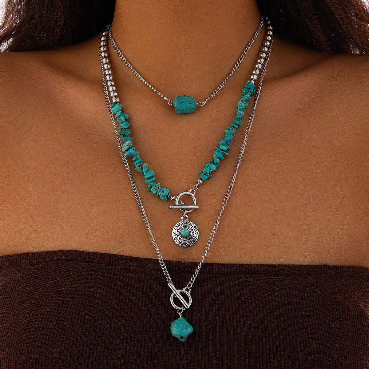 etro beaded geometric turquoise collarbone chain, casual multi-layer bohemian necklace