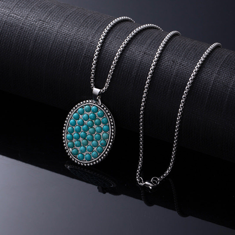 Bohemian Ethnic Style Turquoise Alloy Necklace for Women | 60cm Perimeter Vintage Cross Pendant Chain