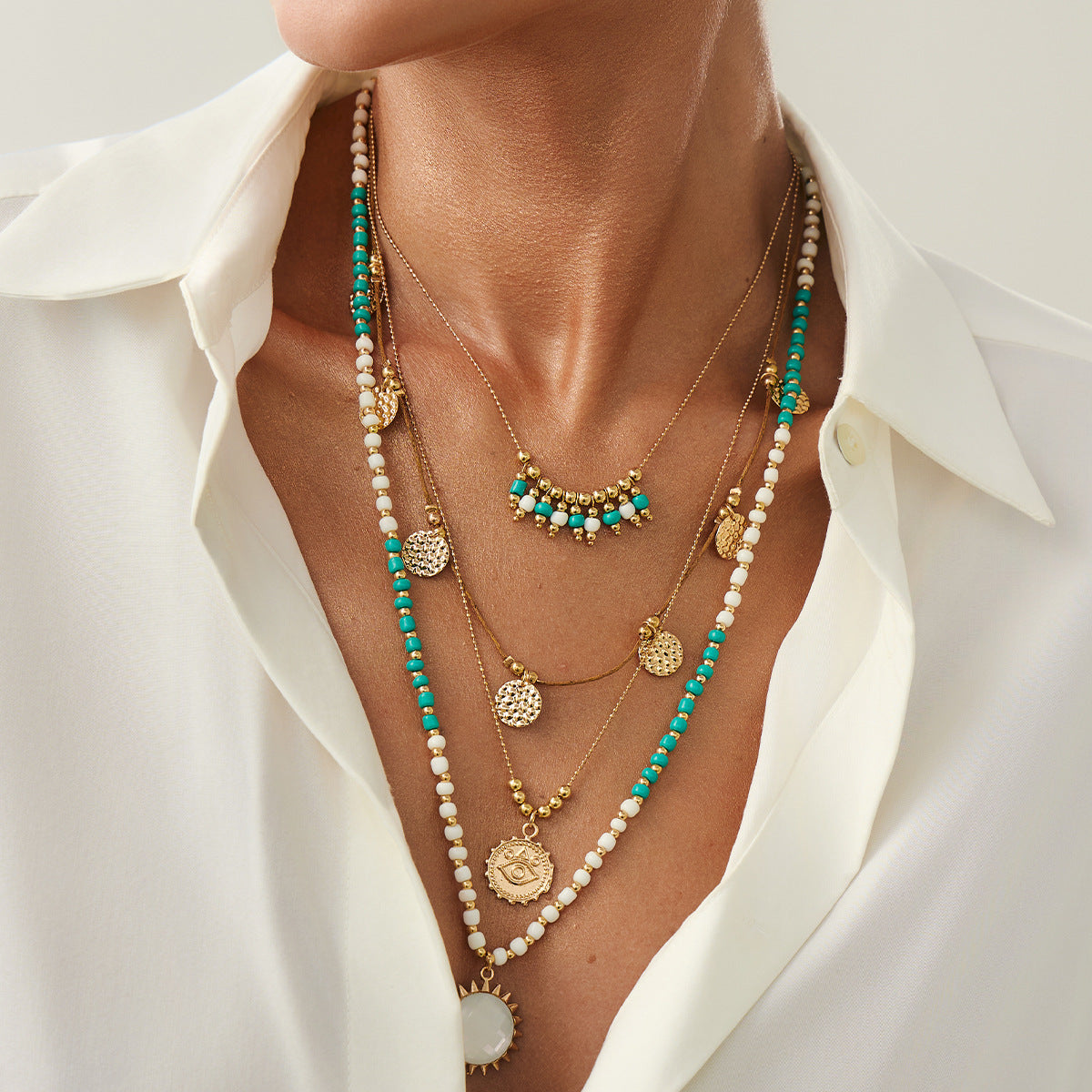 Bohemian Rice Bead String Clavicle Necklace - INS Metal Matte Round Pendant Jewelry