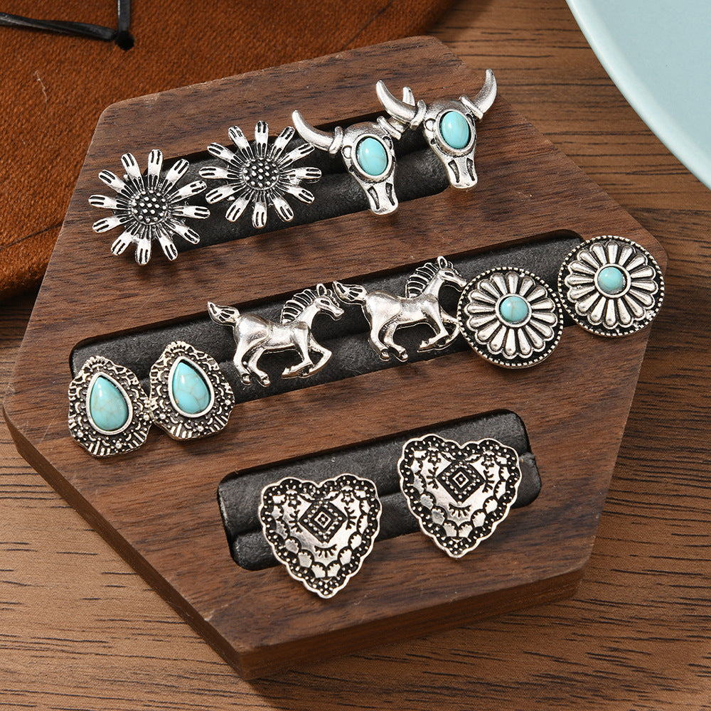 Bohemian Turquoise Alloy Stud Earrings Set