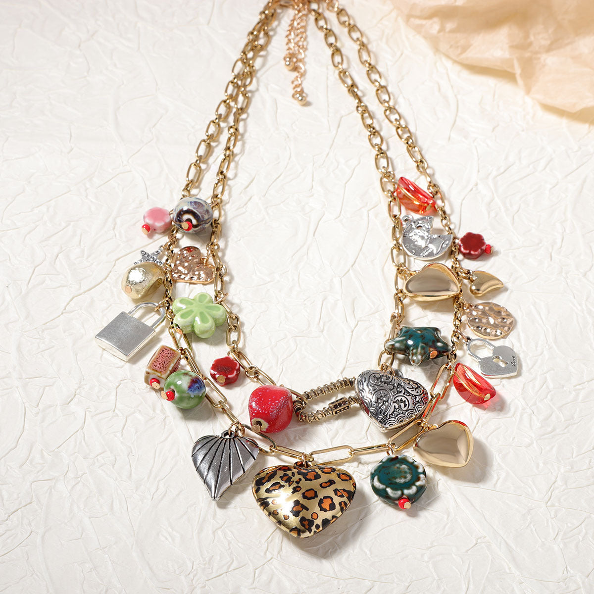 Cross-border Bohemian Trend Retro Vacation Style Double-layered Alloy Pendant Necklace, Versatile and Casual