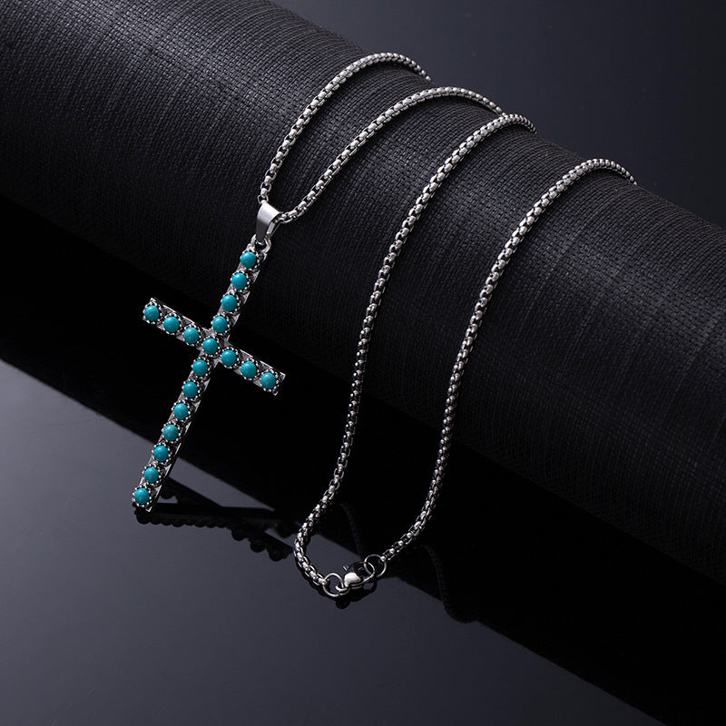 Bohemian Ethnic Style Turquoise Alloy Necklace for Women | 60cm Perimeter Vintage Cross Pendant Chain