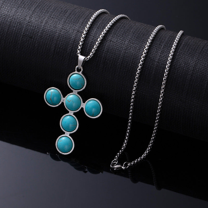 Bohemian Ethnic Style Turquoise Alloy Necklace for Women | 60cm Perimeter Vintage Cross Pendant Chain