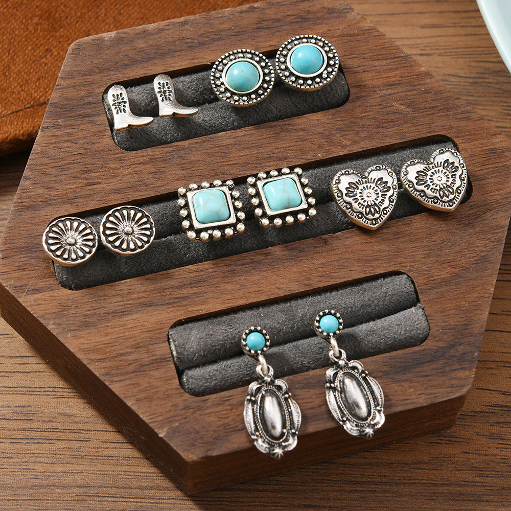 Bohemian Turquoise Alloy Stud Earrings Set