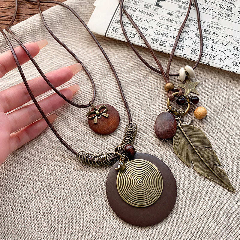 Bohemian Layered Necklace Set - 75cm Nylon Rope + Wood + Alloy Pendant Boho Jewelry