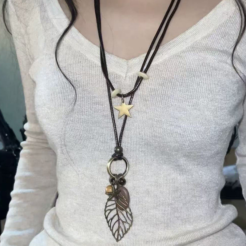 Bohemian Layered Necklace Set - 75cm Nylon Rope + Wood + Alloy Pendant Boho Jewelry