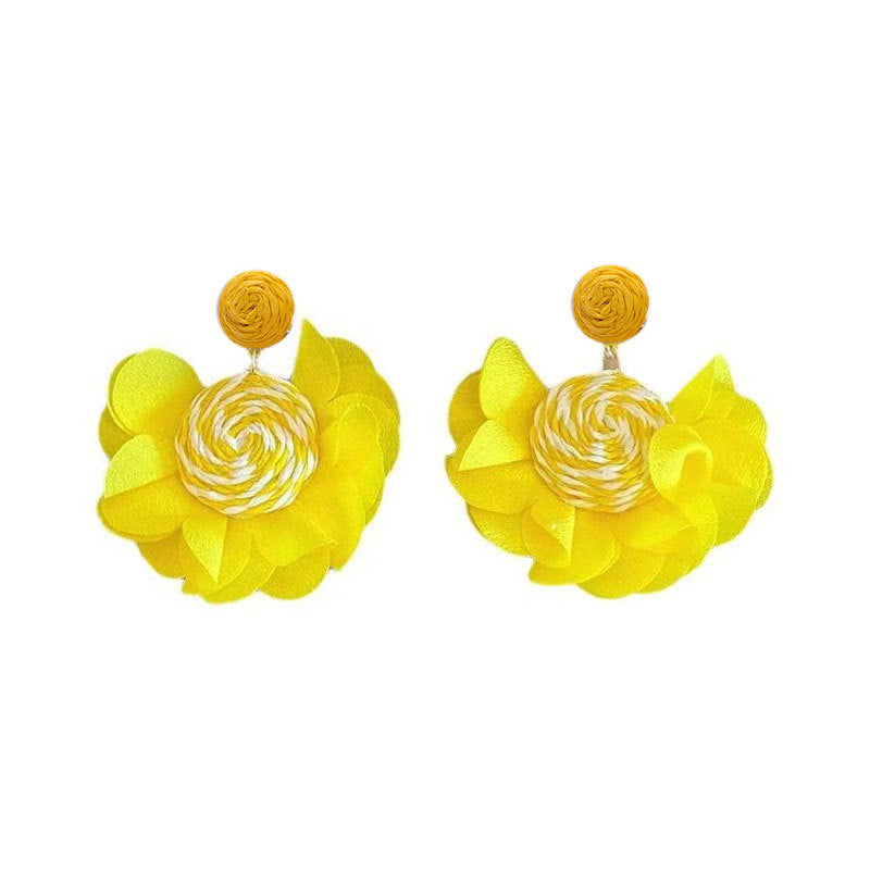 Raffia Flower Earrings: Bright Yellow Vacation Style, Lightweight