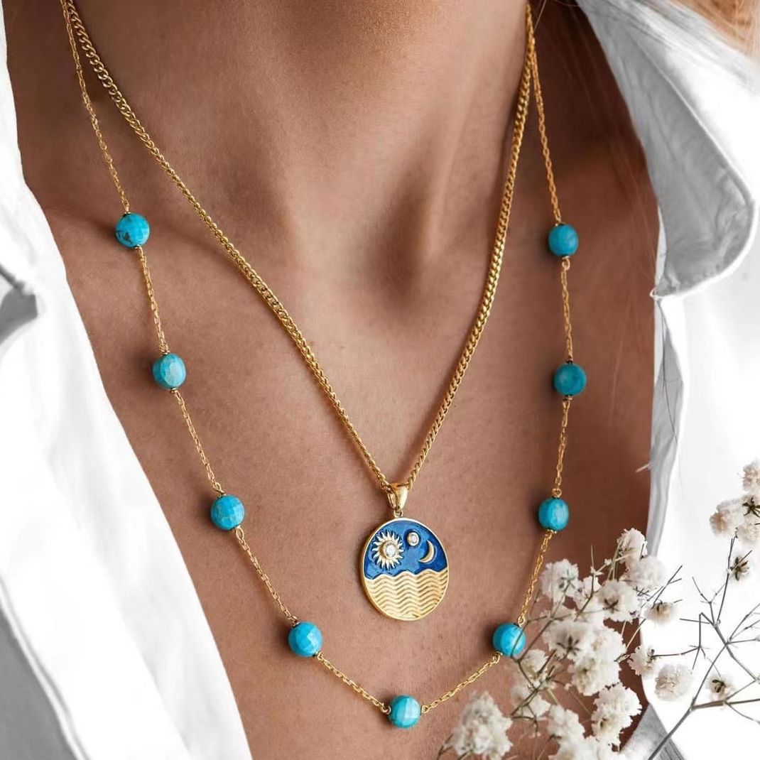 Bohemian Turquoise Crackle Stone Necklaces with Pendants for Women