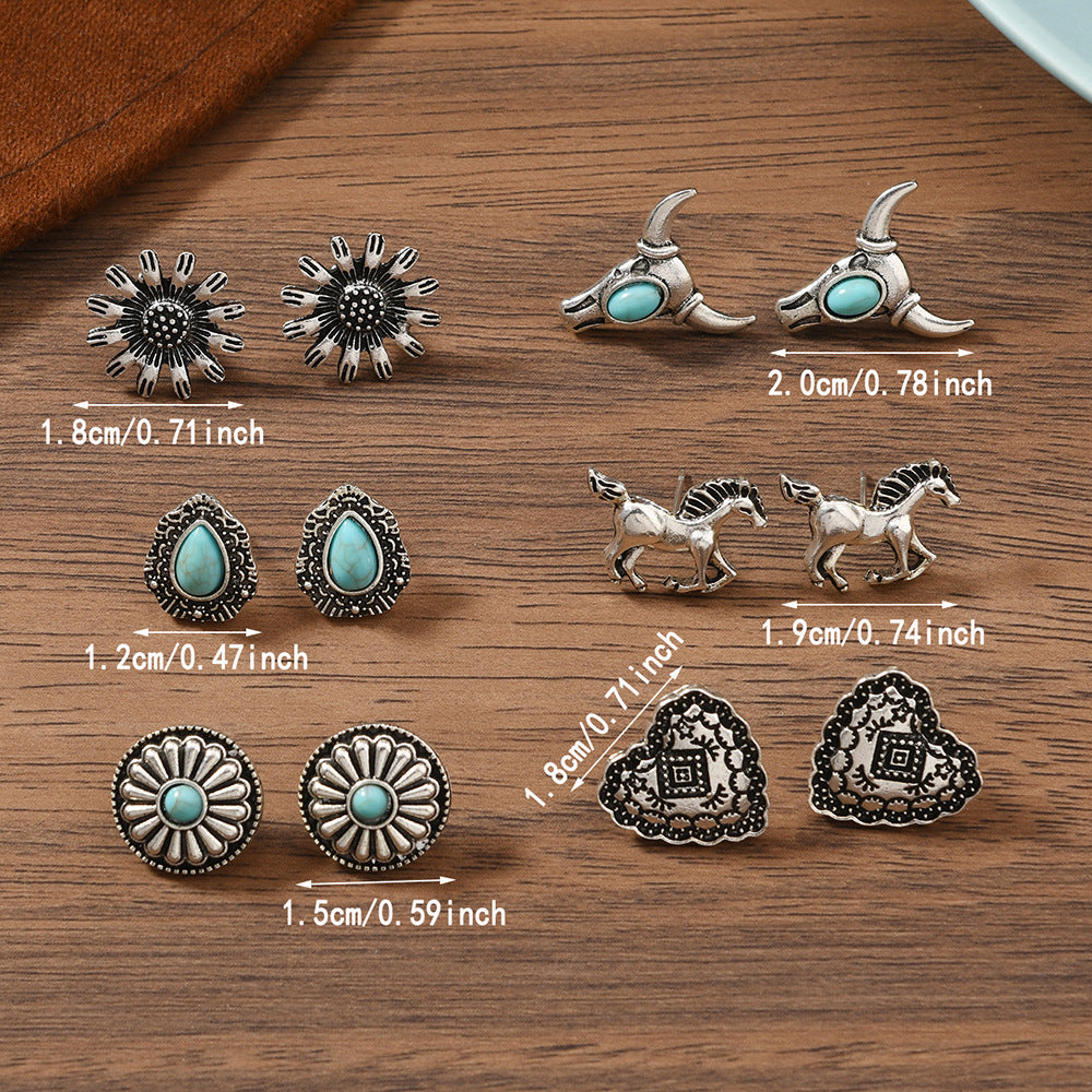 Bohemian Turquoise Alloy Stud Earrings Set