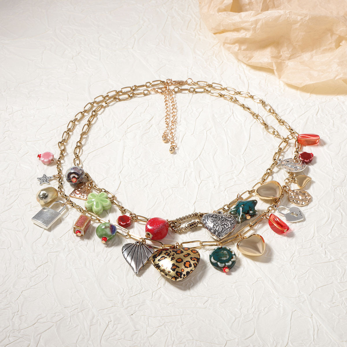 Cross-border Bohemian Trend Retro Vacation Style Double-layered Alloy Pendant Necklace, Versatile and Casual