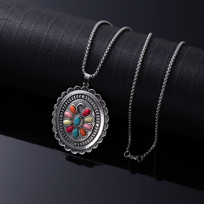 Bohemian Ethnic Style Turquoise Alloy Necklace for Women | 60cm Perimeter Vintage Cross Pendant Chain