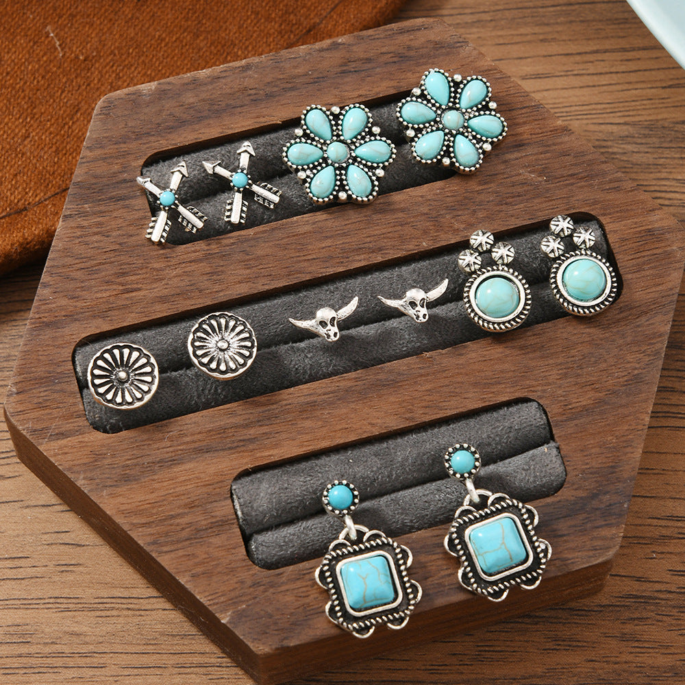 Bohemian Turquoise Alloy Stud Earrings Set