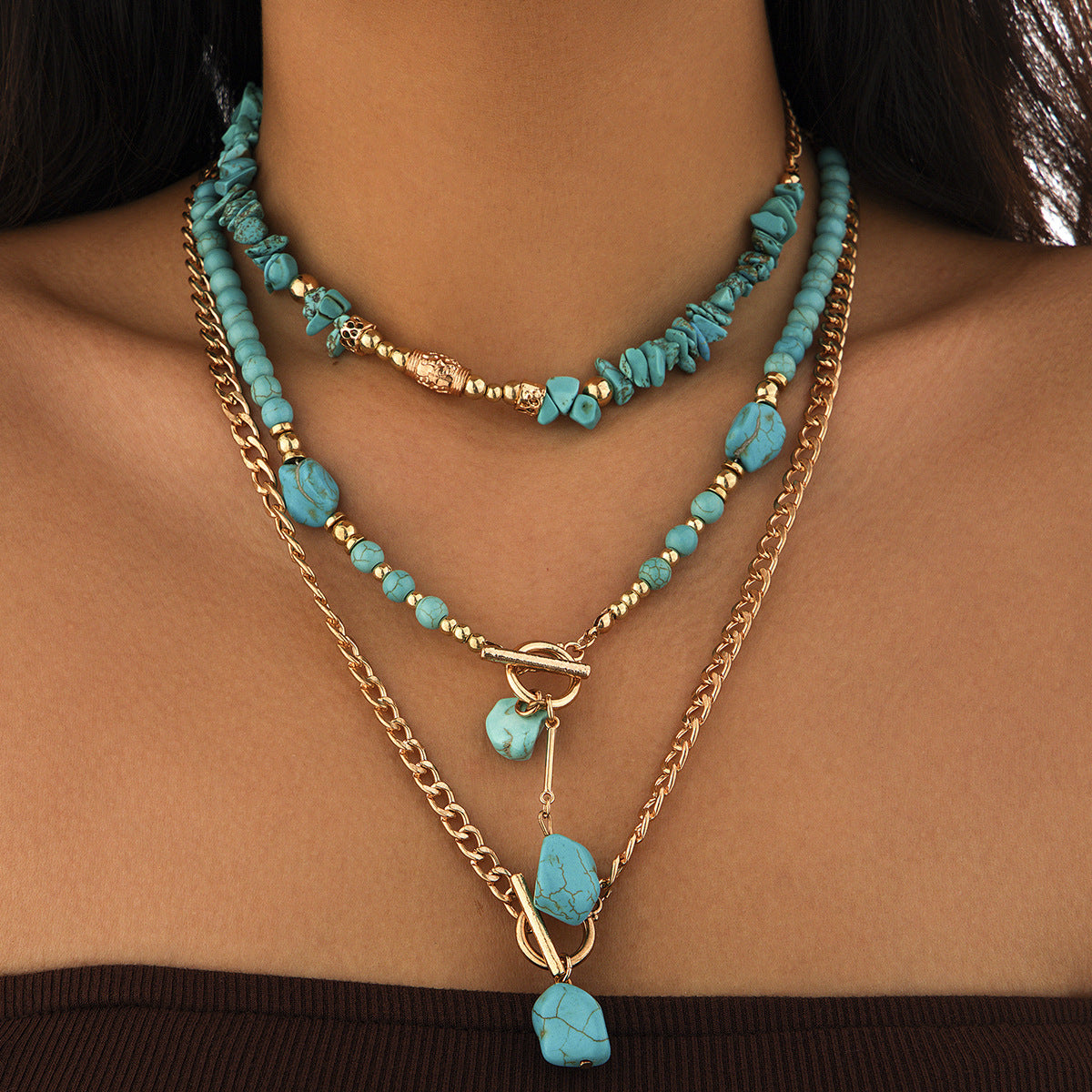 etro beaded geometric turquoise collarbone chain, casual multi-layer bohemian necklace