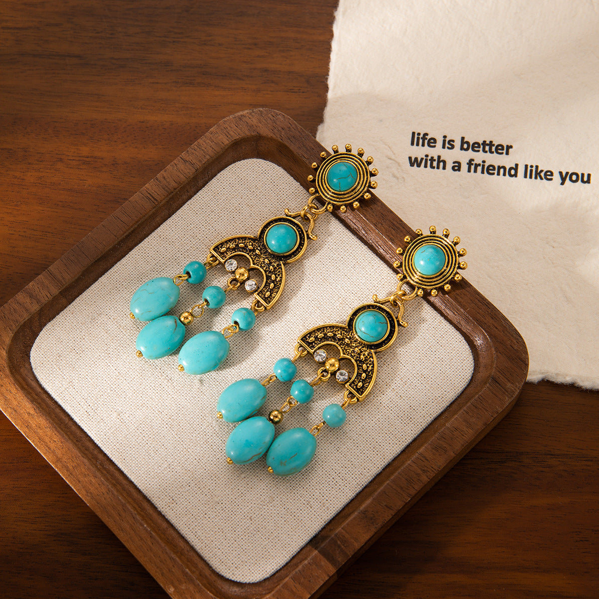Bohemian Ethnic Style Turquoise Drop Earrings | Alloy and Rhinestone Vintage Long Drop Earrings