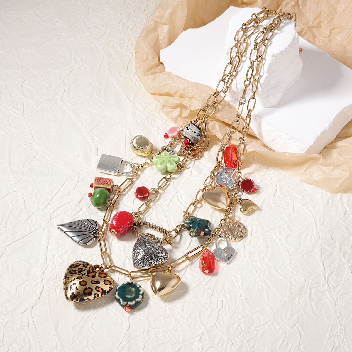Cross-border Bohemian Trend Retro Vacation Style Double-layered Alloy Pendant Necklace, Versatile and Casual