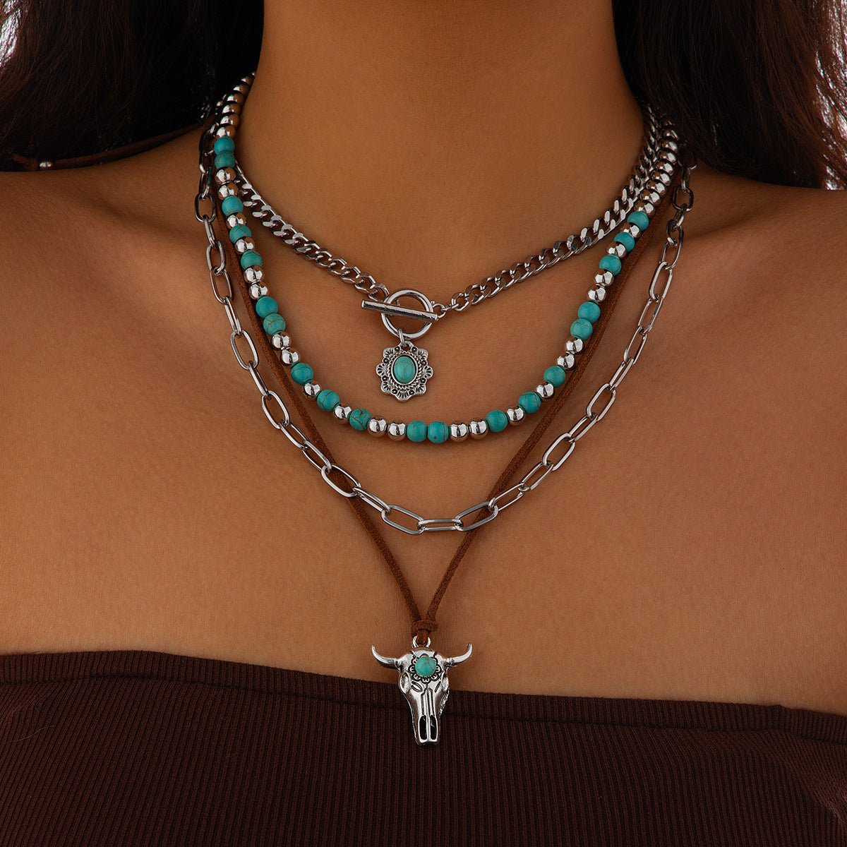 etro beaded geometric turquoise collarbone chain, casual multi-layer bohemian necklace