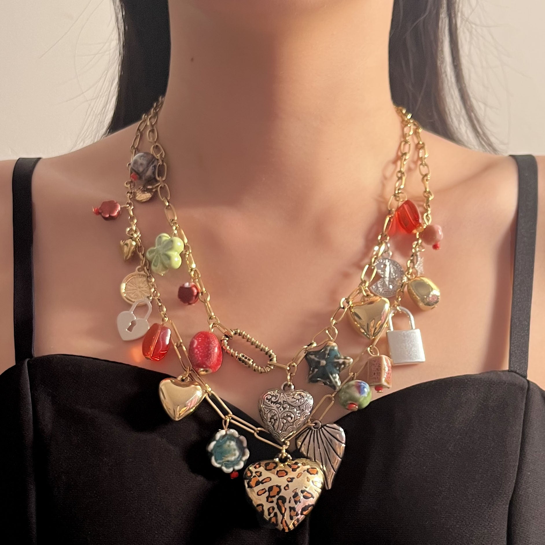 Cross-border Bohemian Trend Retro Vacation Style Double-layered Alloy Pendant Necklace, Versatile and Casual