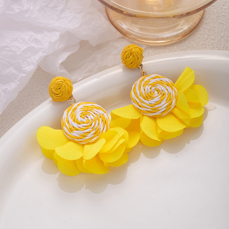 Raffia Flower Earrings: Bright Yellow Vacation Style, Lightweight